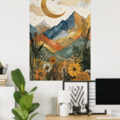 Boho Himmelsgold Mond Berg Wildblume Poster (Heimbüro)