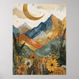Boho Himmelsgold Mond Berg Wildblume Poster