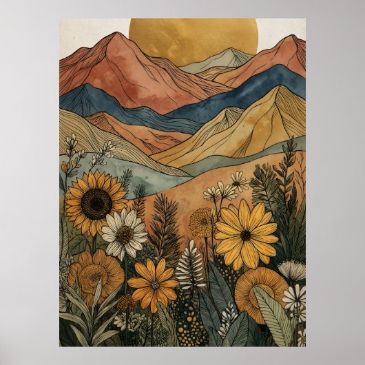 Boho Himmelsgold Sonnenberg Sonnenblume Poster (Vorne)