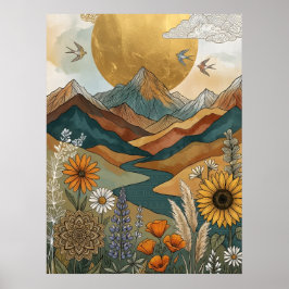 Boho Himmelsmandala Fluss Berg Sonne Poster