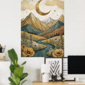 Boho Himmelsmond Halbmond Berg Fluss Poster (Heimbüro)