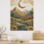 Boho Himmelsmond Halbmond Berg Fluss Poster (Küche)