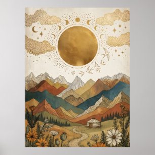 Boho Himmelsmondphasen-Bergjurte Poster