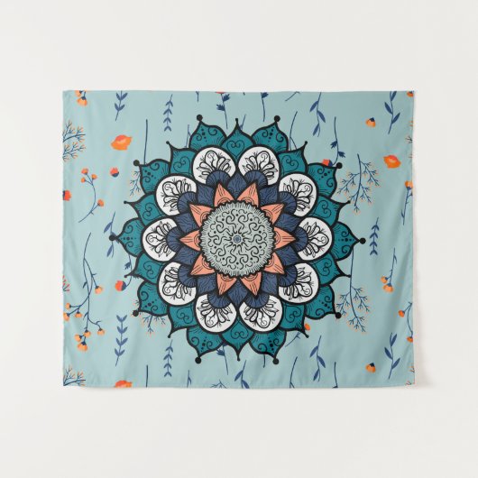 Boho Hippie Mandala mit Orange Blume Wandteppich (Vorderseite (Horizontal))