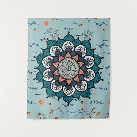 Boho Hippie Mandala mit Orange Blume Wandteppich (Vorderseite)