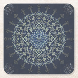 Boho Hippie Tibetan Style Blue Intricate Mandala Rechteckiger Pappuntersetzer
