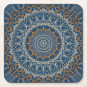 Boho Hippie Tibetan Style Intricate Blue Mandala Rechteckiger Pappuntersetzer
