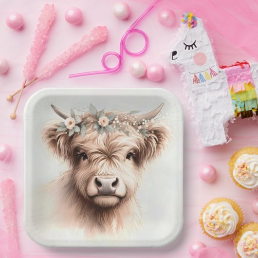 Boho-Hochlandkuh mit Bridal-Headpiece Pappteller (Party)