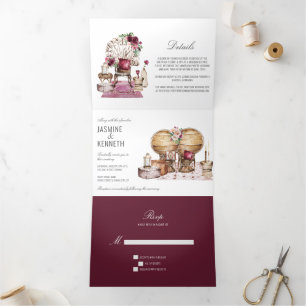 Boho-Hochzeit Burgund Rosa Floral Vintage-Elemente Dreifach Gefaltete Einladung