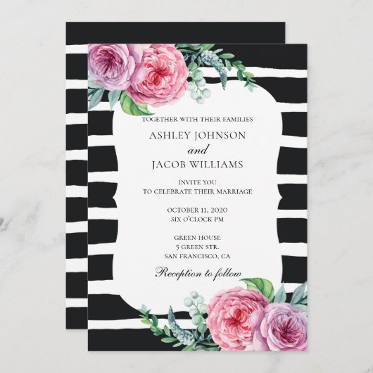 Boho Hochzeit Einladung. Schwarz-Weiß-Streifen Einladung (Vorne/Hinten)