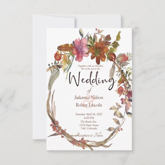 Boho Hochzeit mit Blumen Einladung (Vorderseite)