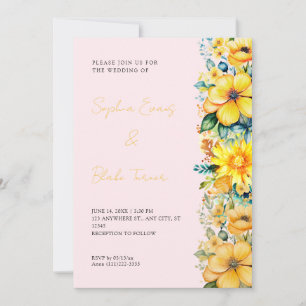 Boho-Hochzeit mit gelben Blumen in Rosa Einladung
