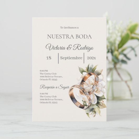 Boho-Hochzeit mit Ringen Einladung (Stehend Vorderseite)