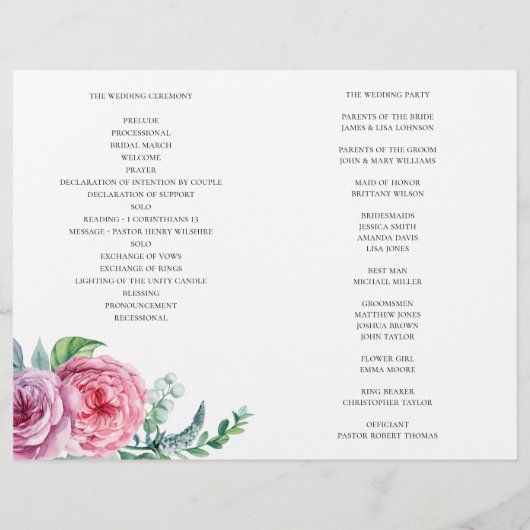 Boho Hochzeit Programm gefaltet. Sommerrosa Blume (Rückseite)