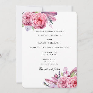 Boho Hochzeit. Rosa Einladung mit Blumen. Feathers