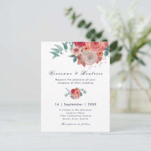Boho Hochzeit rote Rose Postkarte (Stehend Vorderseite)
