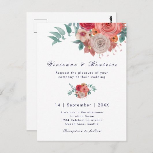 Boho Hochzeit rote Rose Postkarte (Vorne/Hinten)