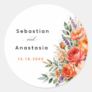 Boho-Hochzeitsaufkleber Orangen Rosen Floraler Gar Runder Aufkleber