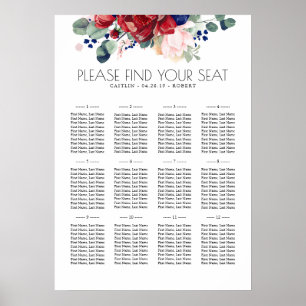 Boho Hochzeitsdiagramm für Blume der Burgundy Navy Poster