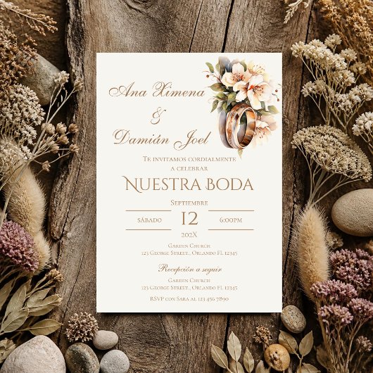 Boho-Hochzeitsringe auf Spanisch Einladung