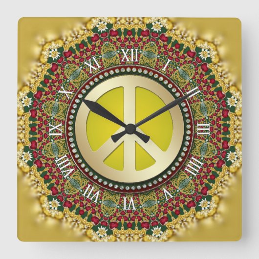 Boho Holiday Dreams PEACE Satin Lace Mandala Quadratische Wanduhr (Vorderseite)