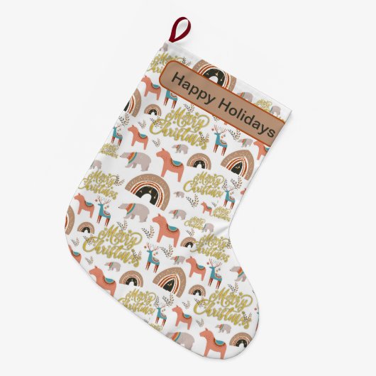 Boho Holiday Saison Großer Weihnachtsstrumpf (Vorderansicht (hängend))