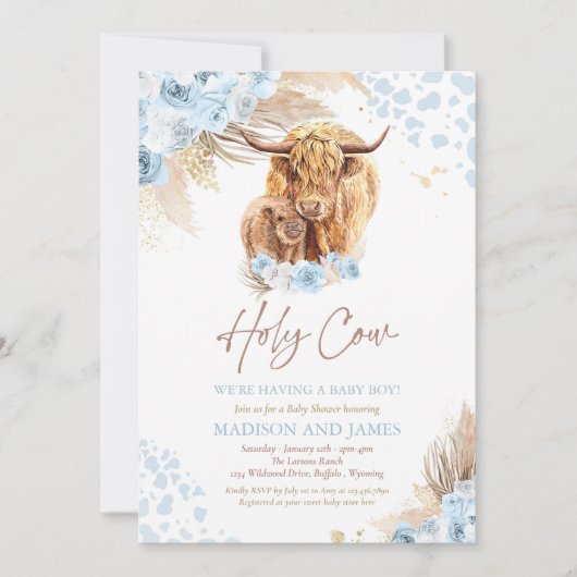 Boho Holy Cow Blue Pampas Grass Boy Baby Dusche Einladung (Vorderseite)