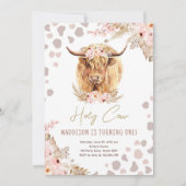 Boho Holy Cow Highland Pampas 1. Geburtstag Einladung (Vorderseite)
