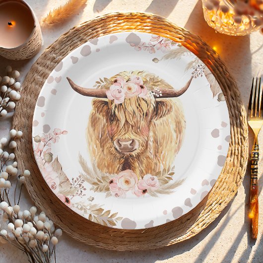 Boho Holy Cow Highland Pampas 1. Geburtstag Pappteller