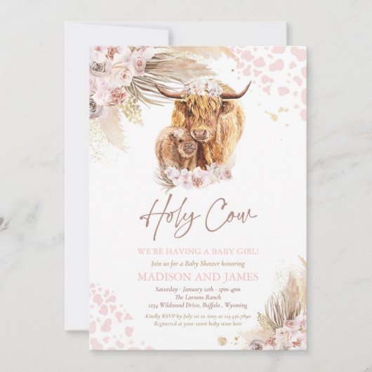 Boho Holy Cow Pink Pampas Grass Girl Babydusche Einladung (Vorderseite)