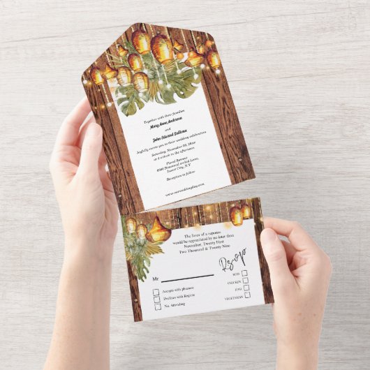 Boho Holz Blätter Himmelsleuchten bohemian elegant All In One Einladung (Abreißen)