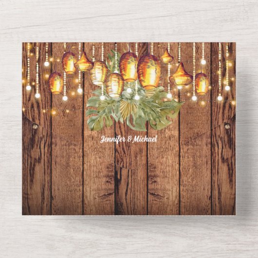 Boho Holz Blätter Himmelsleuchten bohemian elegant All In One Einladung (Rückseite)