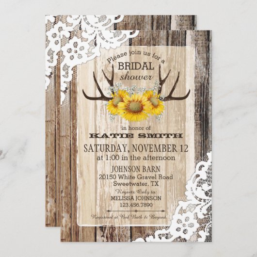 Boho hölzerne Sonnenblume-Geweih-rustikales Einladung (Vorne/Hinten)