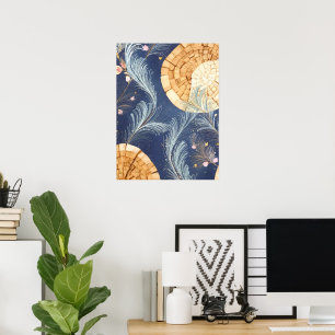 Boho-Holzmaserung-Fächer und Navy-Feder-Botanik Poster