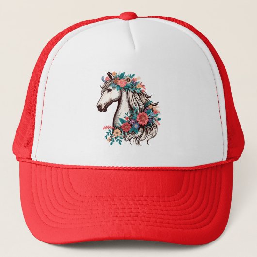 Boho Horse mit Blume, Bläserpferd Lover Truckerkappe (Vorderseite)