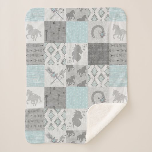 BoHo Horse Sherpa Blanket - Aqua/Gray Sherpadecke (Vorderseite)