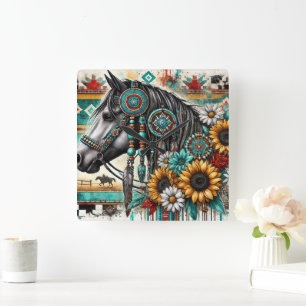 Boho Horse Sunflower Quadratische Wanduhr
