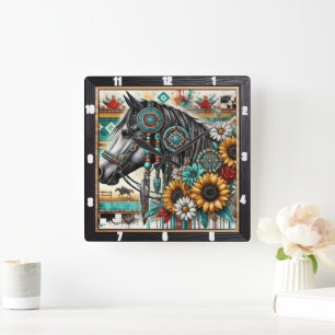 Boho Horse Sunflower Quadratische Wanduhr