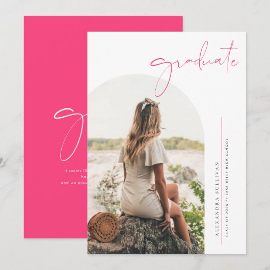 Boho Hot Pink Minimalistisch Arch Foto Abschluss Ankündigung (Vorne/Hinten)
