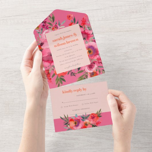 Boho Hot Pink Orange Blumenhochzeit All In One Einladung (Abreißen)