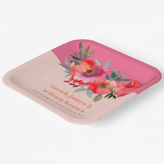 Boho Hot Pink Orange Blumenhochzeit Pappteller (Gewinkelt)