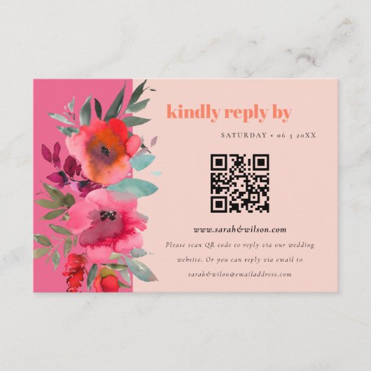 Boho Hot Pink Orange Floral Wedding QR Coding UAWG Begleitkarte (Vorderseite)
