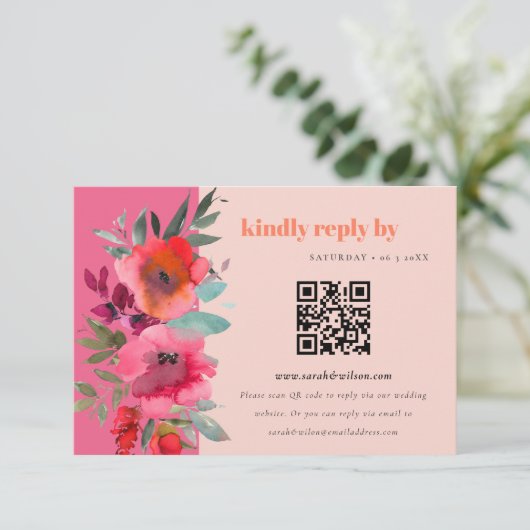 Boho Hot Pink Orange Floral Wedding QR Coding UAWG Begleitkarte (Stehend Vorderseite)