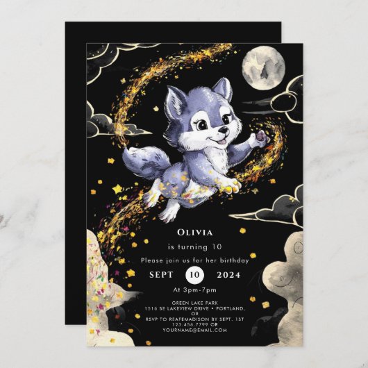 Boho Howling Wolf Birthday Einladung (Vorne/Hinten)