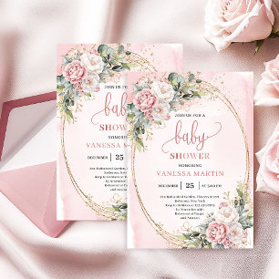 Boho Hübscher Rosa Floral Grünes Mädchen Baby Show Einladung