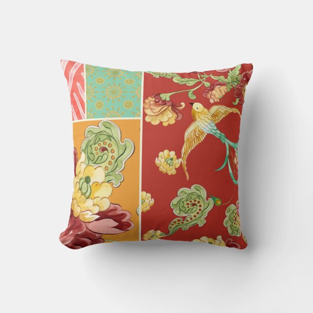 Boho Hütten-moderne Bohemische Art-Blumen-Vögel Kissen (Vorderseite)