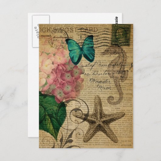 Boho Hydrangea Schmetterling Seesterne Französisch Postkarte (Vorne/Hinten)