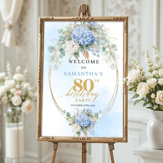 Boho Hydrangeas Gold Dusty Blue 80 birthday welcom Poster