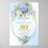 Boho Hydrangeas Gold Dusty Blue 80 birthday welcom Poster (Vorne)