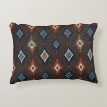 Boho Ikat Accent Pillow - Earthy Brown with Coral